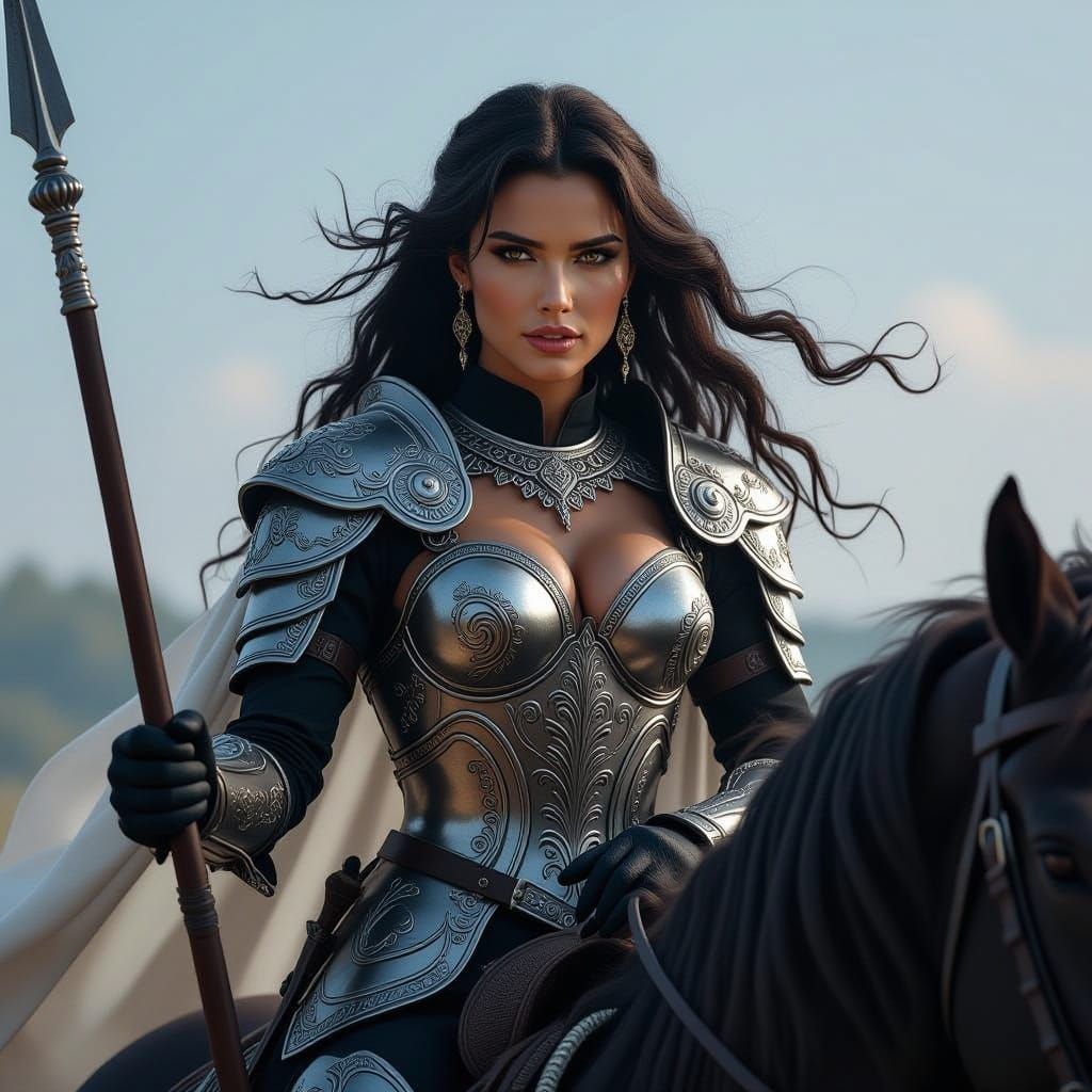 Warrior Woman with Spear on Warhorse in Epic Landscape