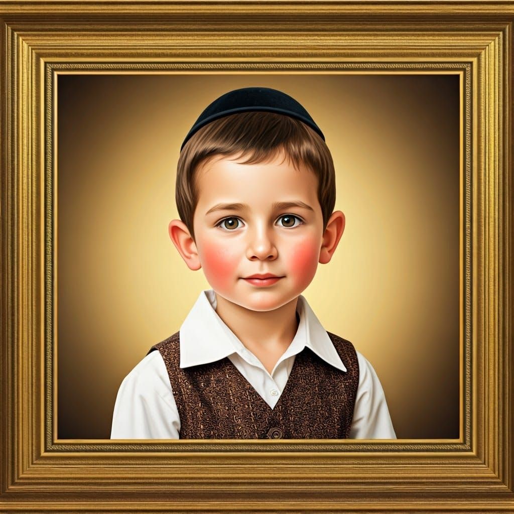 Intricate Portrait of a Young Hasidic Boy in Golden Frame
