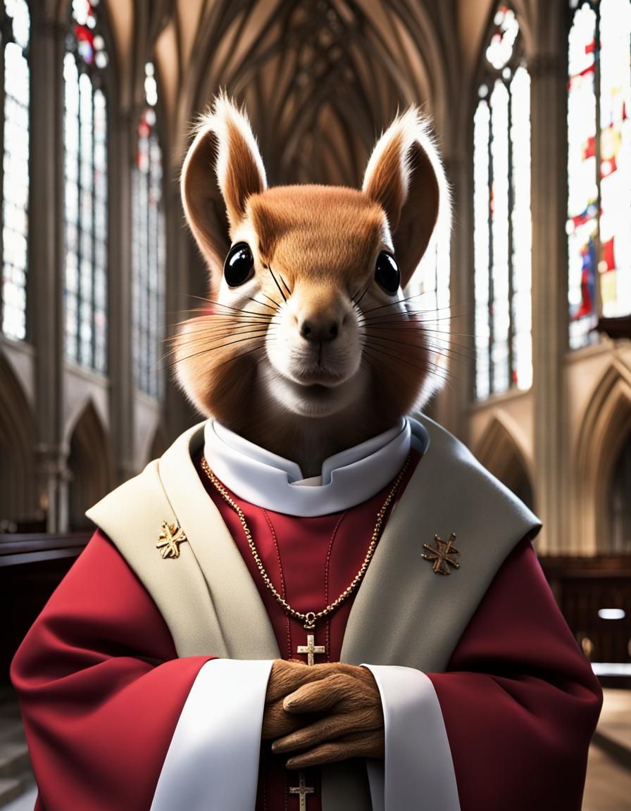 Humanoid Squirrel as Anglican Bishop in Cathedral