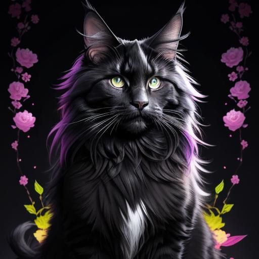 Majestic Black Maine Coon with Neon Flowers