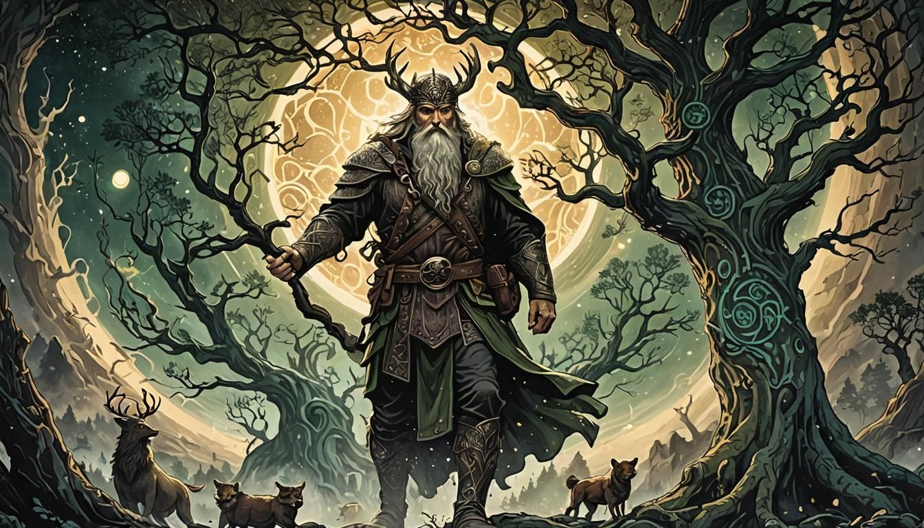 Odin Hanging from Yggdrasil in Mystical Night Scene