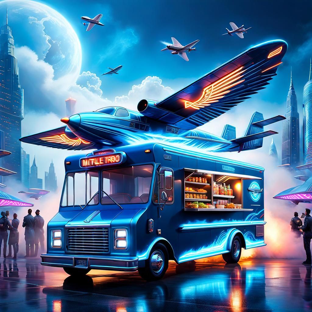 Cyberpunk Flying Food Truck Plane with Neon Engine