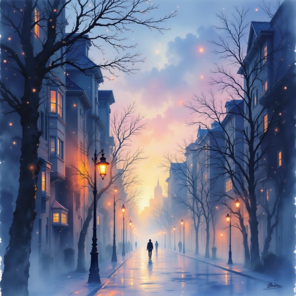 Dreamlike Cityscape at Twilight in Luminous Watercolor