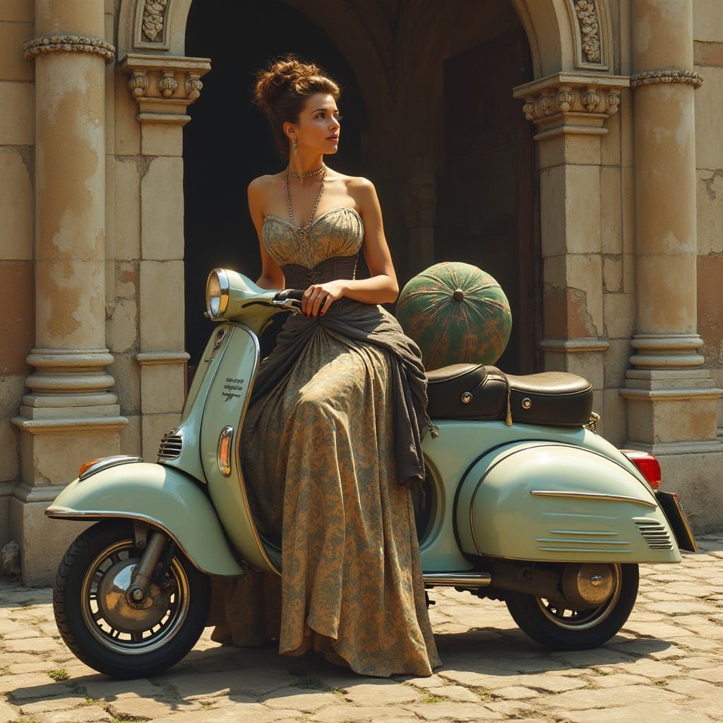 Elegant Victorian Lady on Vespa at the Colosseum