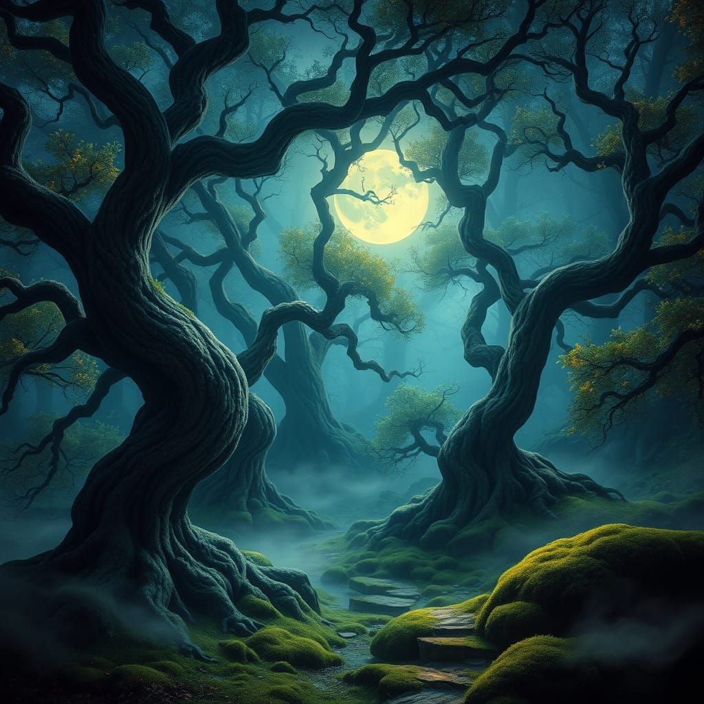 Mystical Moonlight Forest Grove in Surrealist Style