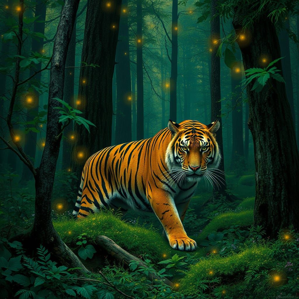 Golden Tiger Roaring in Enchanted Starry Forest