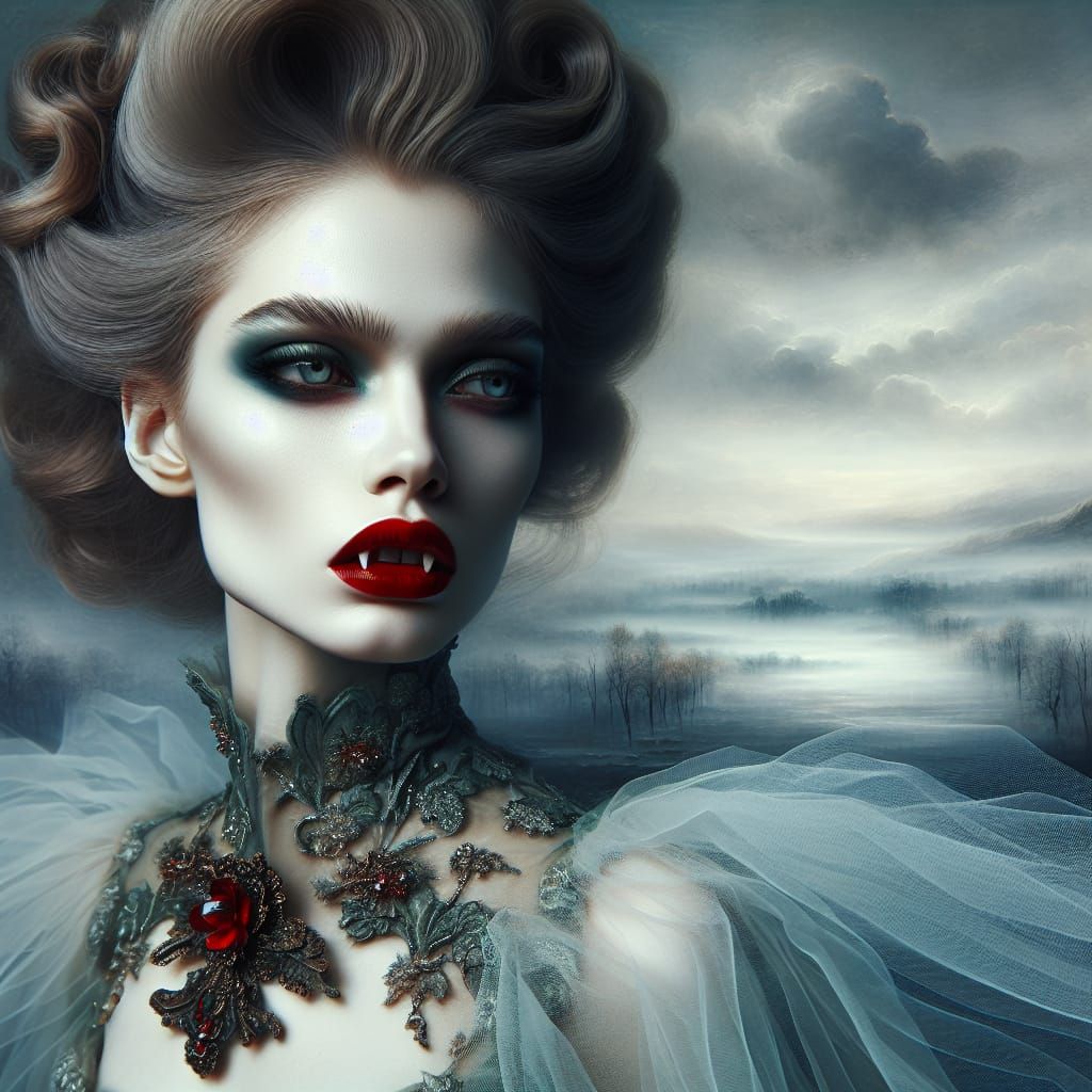 Ethereal Vampire in Misty Landscape, Oil Painting Style