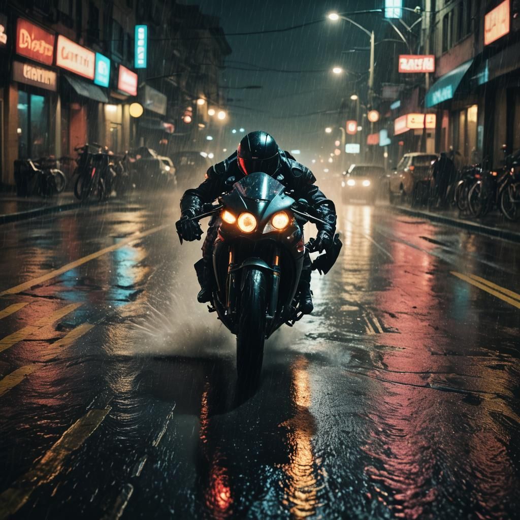 Ducatti Monster Races Through Rainy City Street