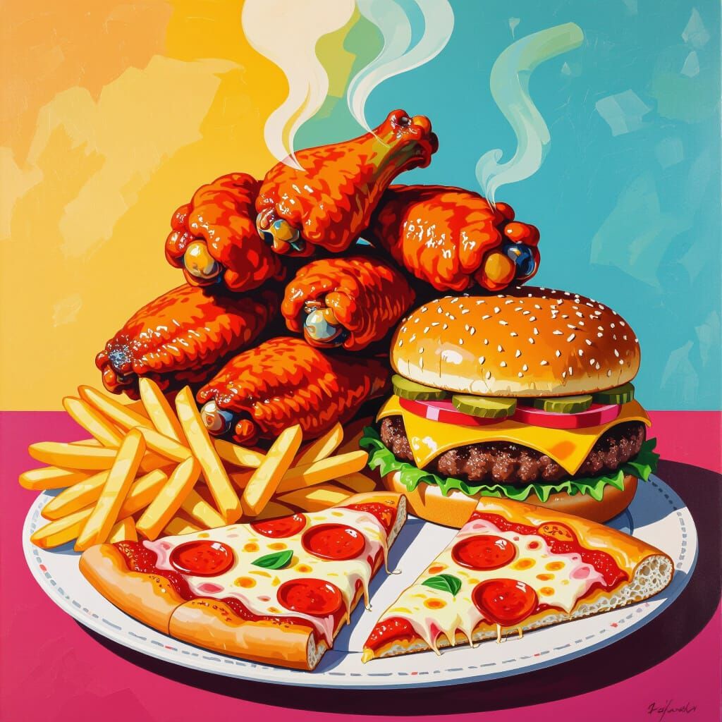Pop Art Still Life of Chicken Wings and Pizza