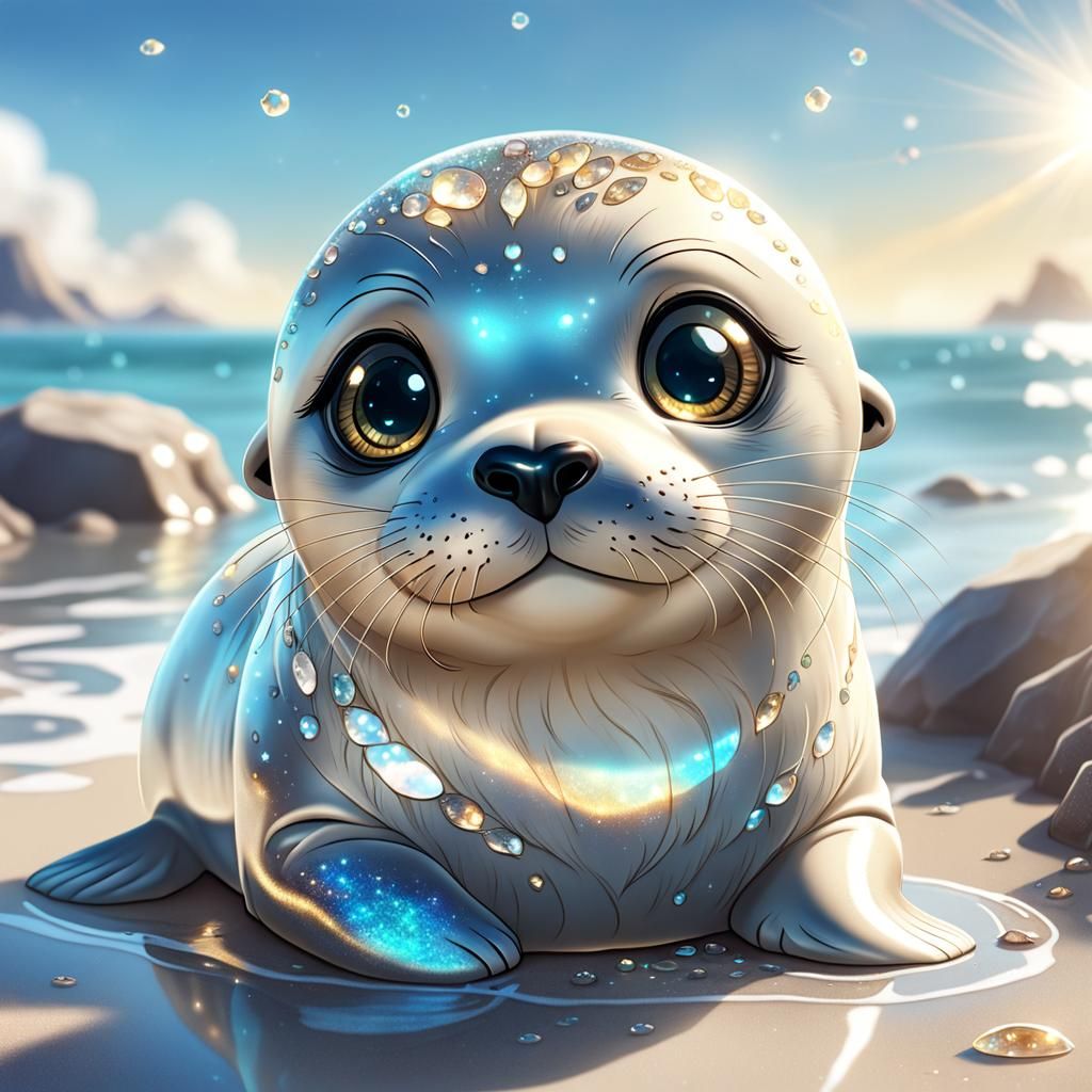 Adorable Chibi Seal Sunbathing in Glittercore Style