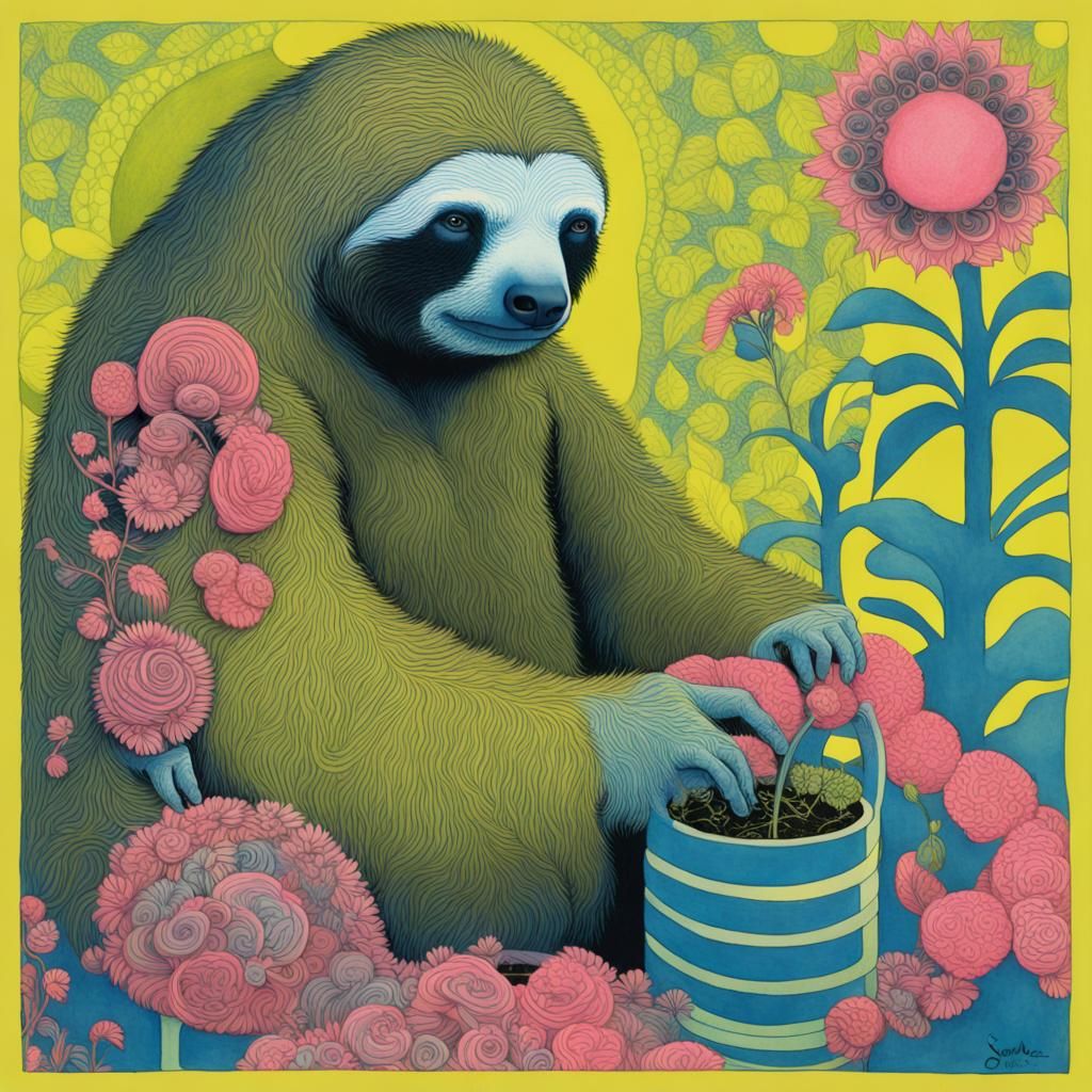 Gardener Tending Giant Sloths in Art Nouveau