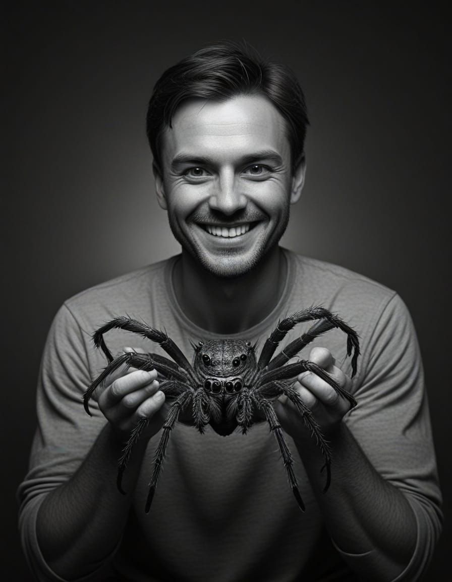 Spooky grayscale portrait smiling man holding huge pet spide...