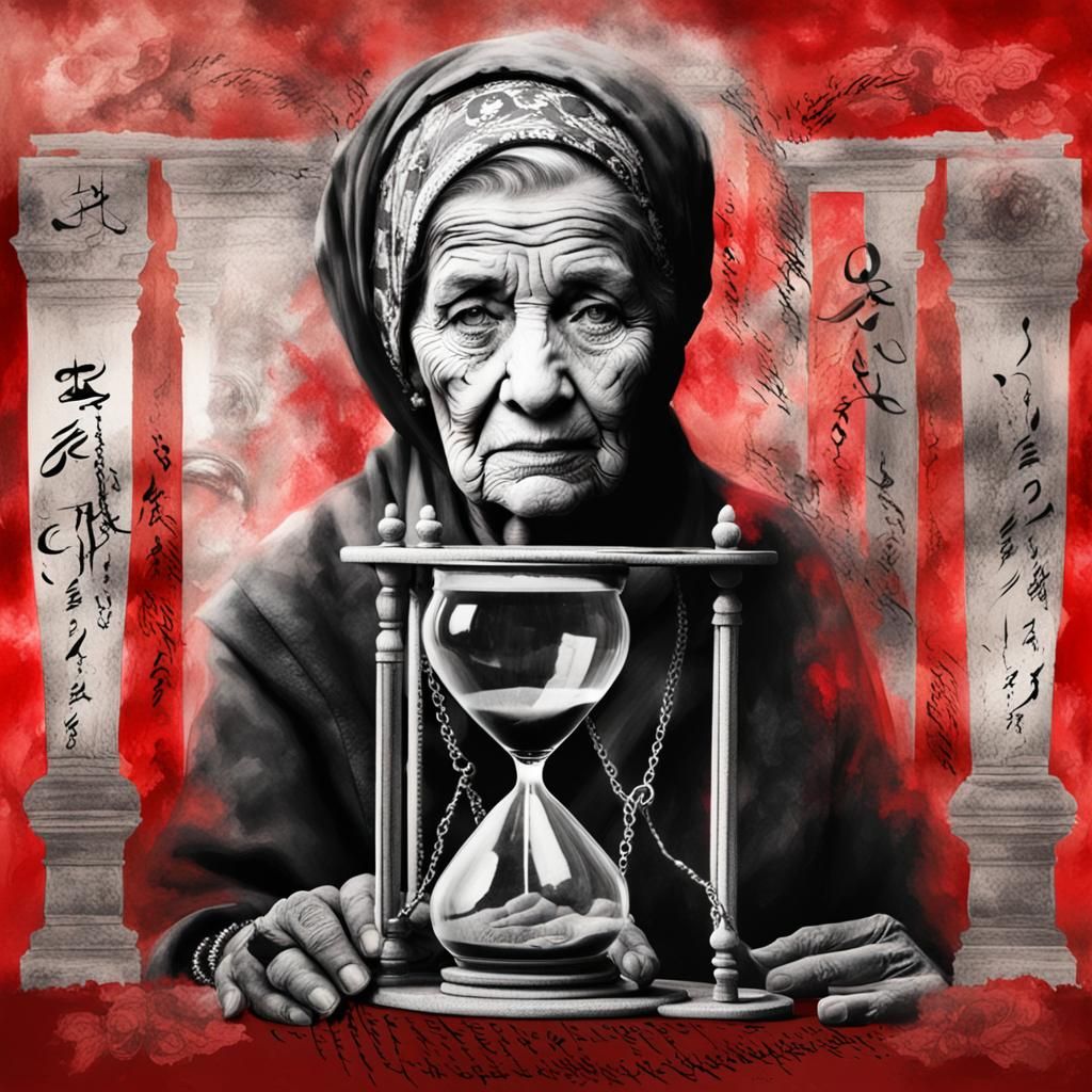 Time's Passage: Hourglass, Elderly Woman, Red Accents