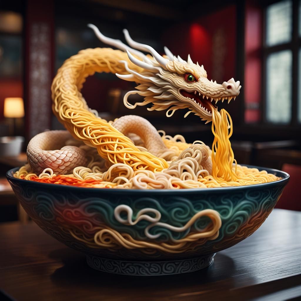 Noodle Dragon Emerges from Ramen Bowl: Fantasy Art