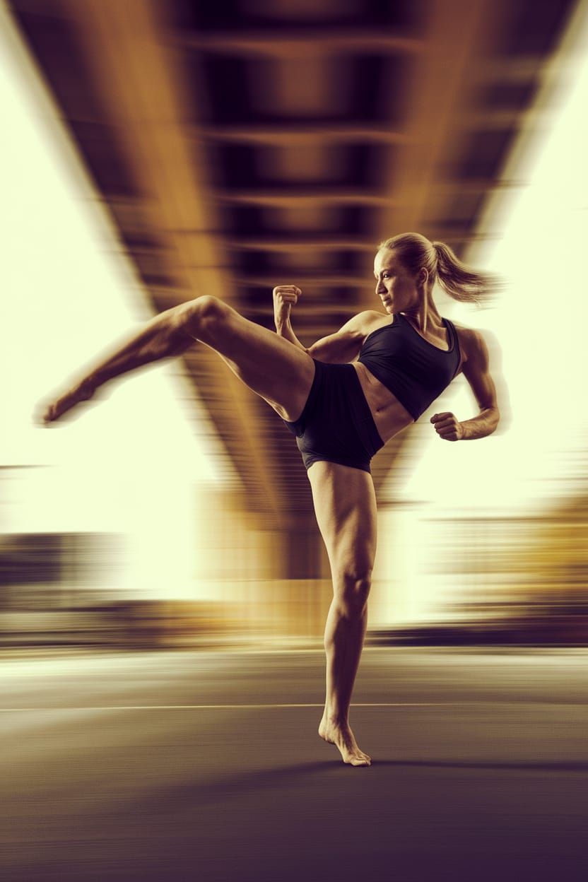 Woman Delivers Powerful Kick in Sports Photography Style