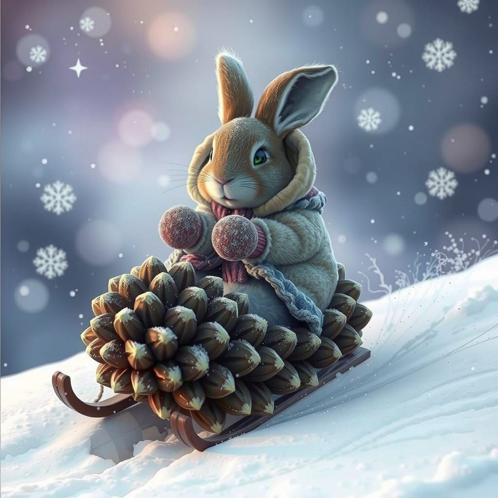 Joyful Snow Rabbit Speeds Down Frosty Hill