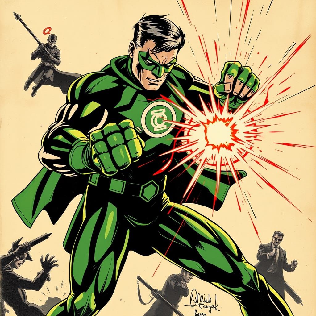 Green Lantern Fights Sinestro Corps in Vintage Comic Style
