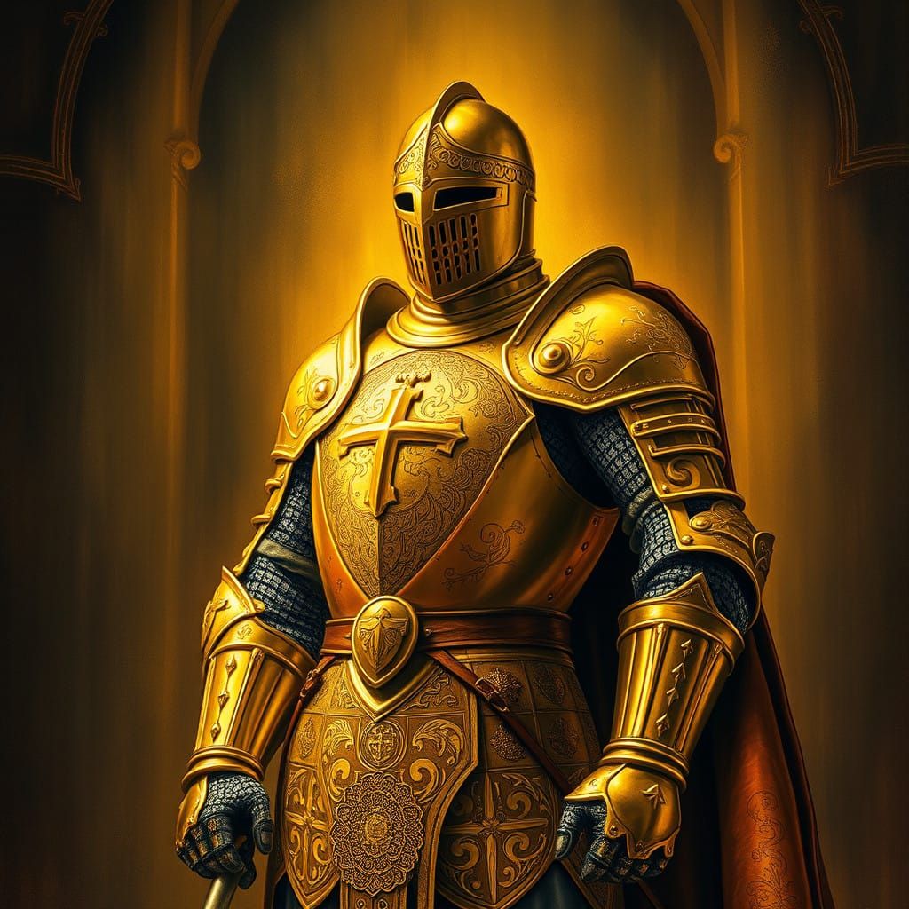 Knight in Heraldic Gold Armor Embodies Chivalry