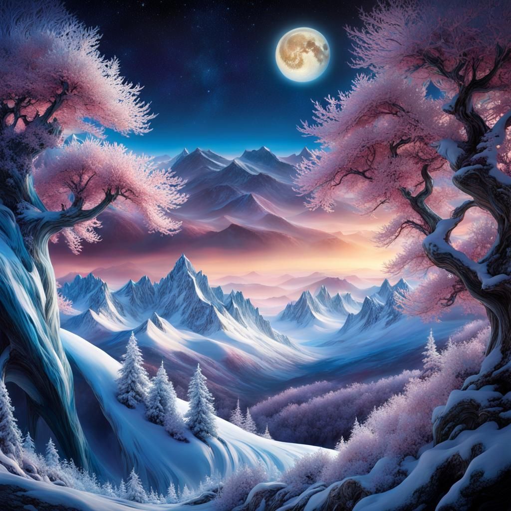 Majestic Frost Mountains Dreamscape at Night