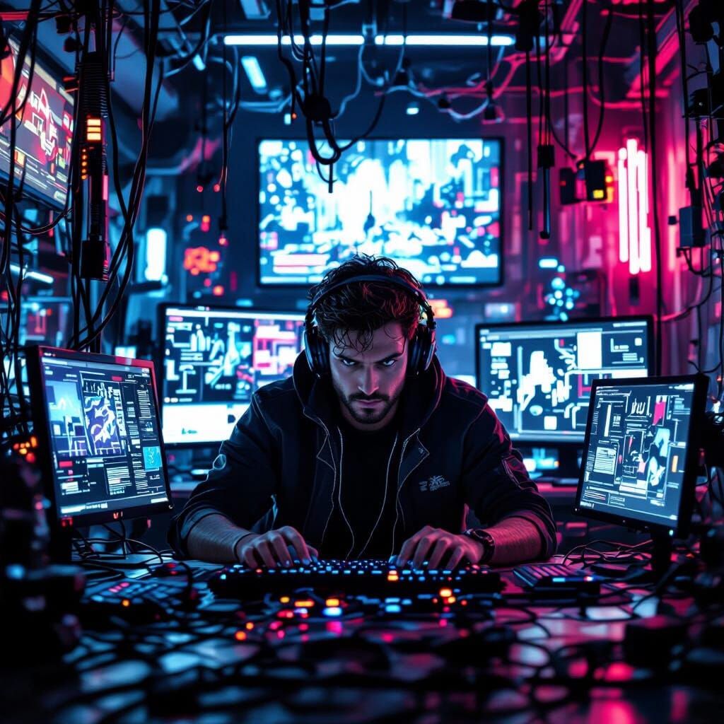 Intense Focus in a Cyberpunk Control Room