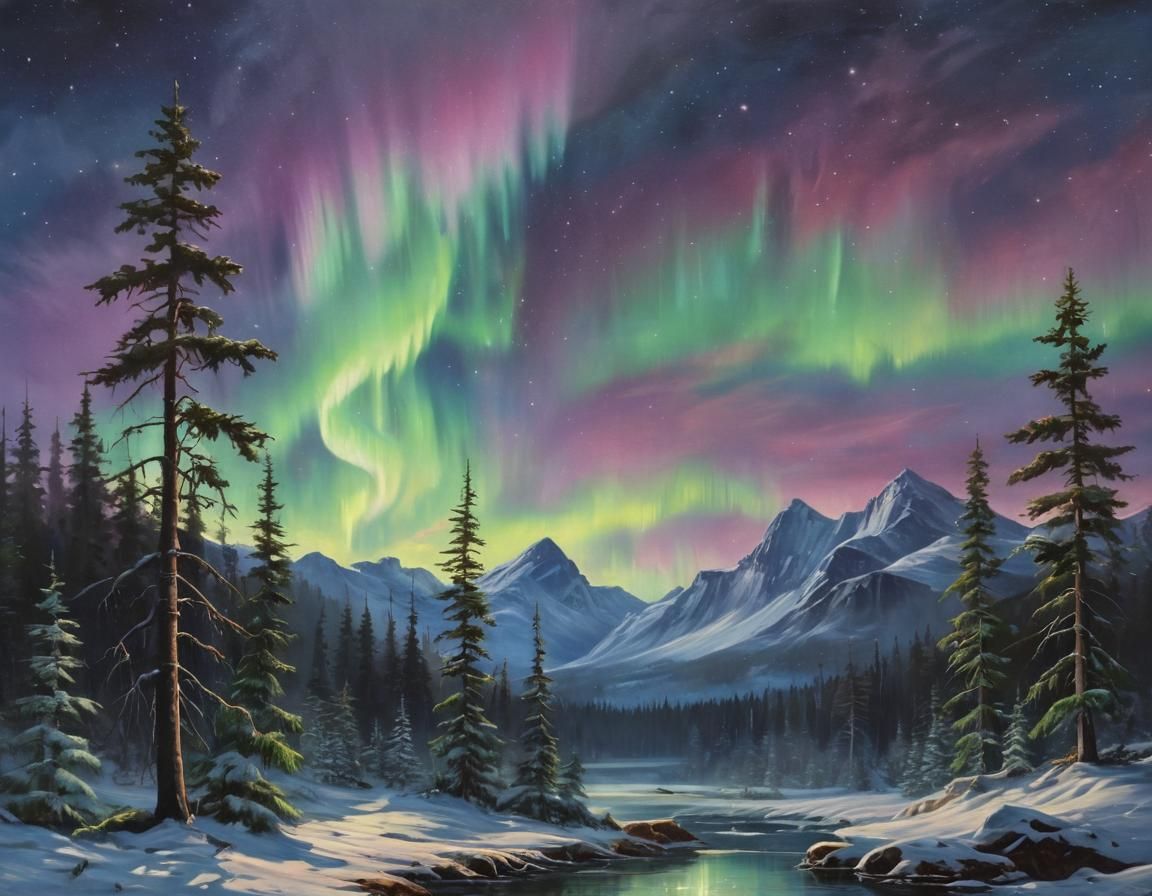 Glowing Northern Lights Oil Painting