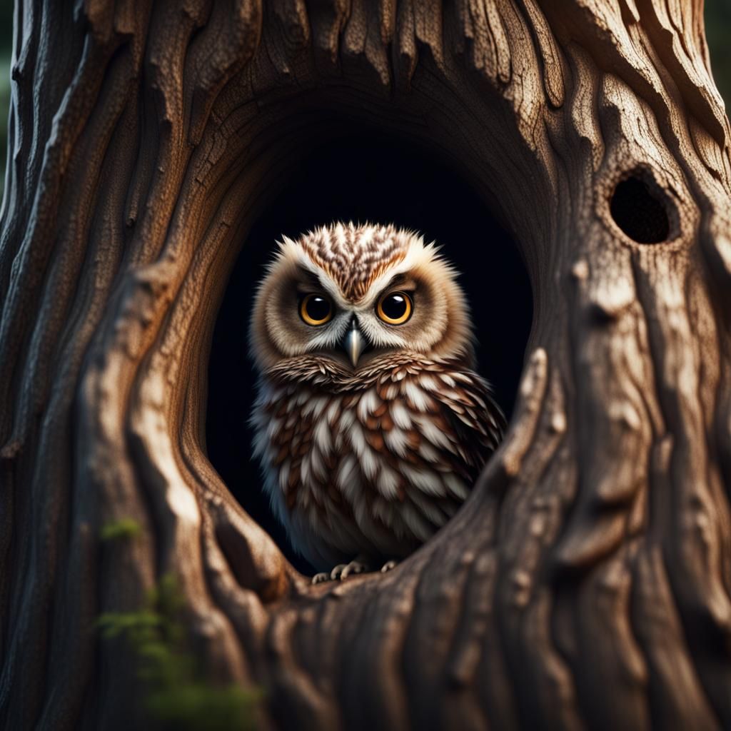 Baby Owl Peering Out: Digital Matte Painting