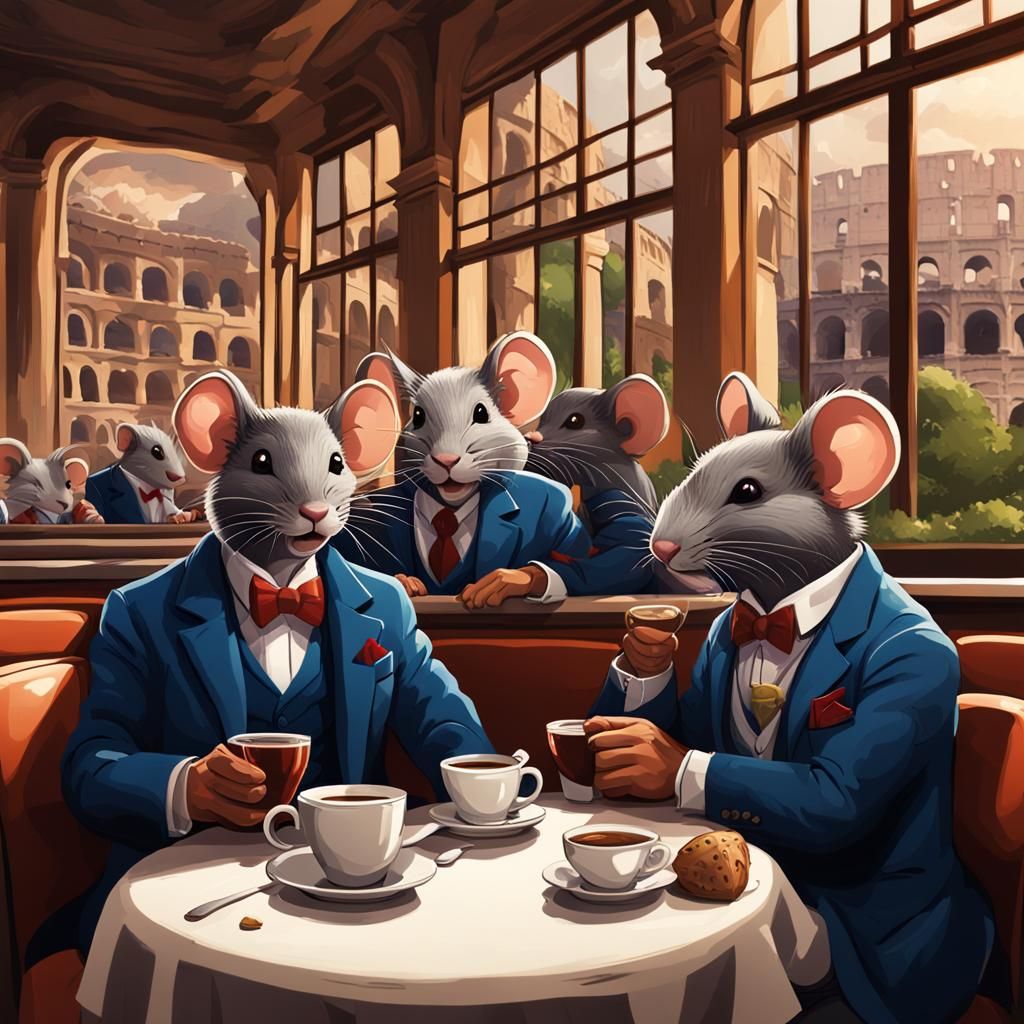 Mobster Mice Sipping Tea in Italy, Digital Art