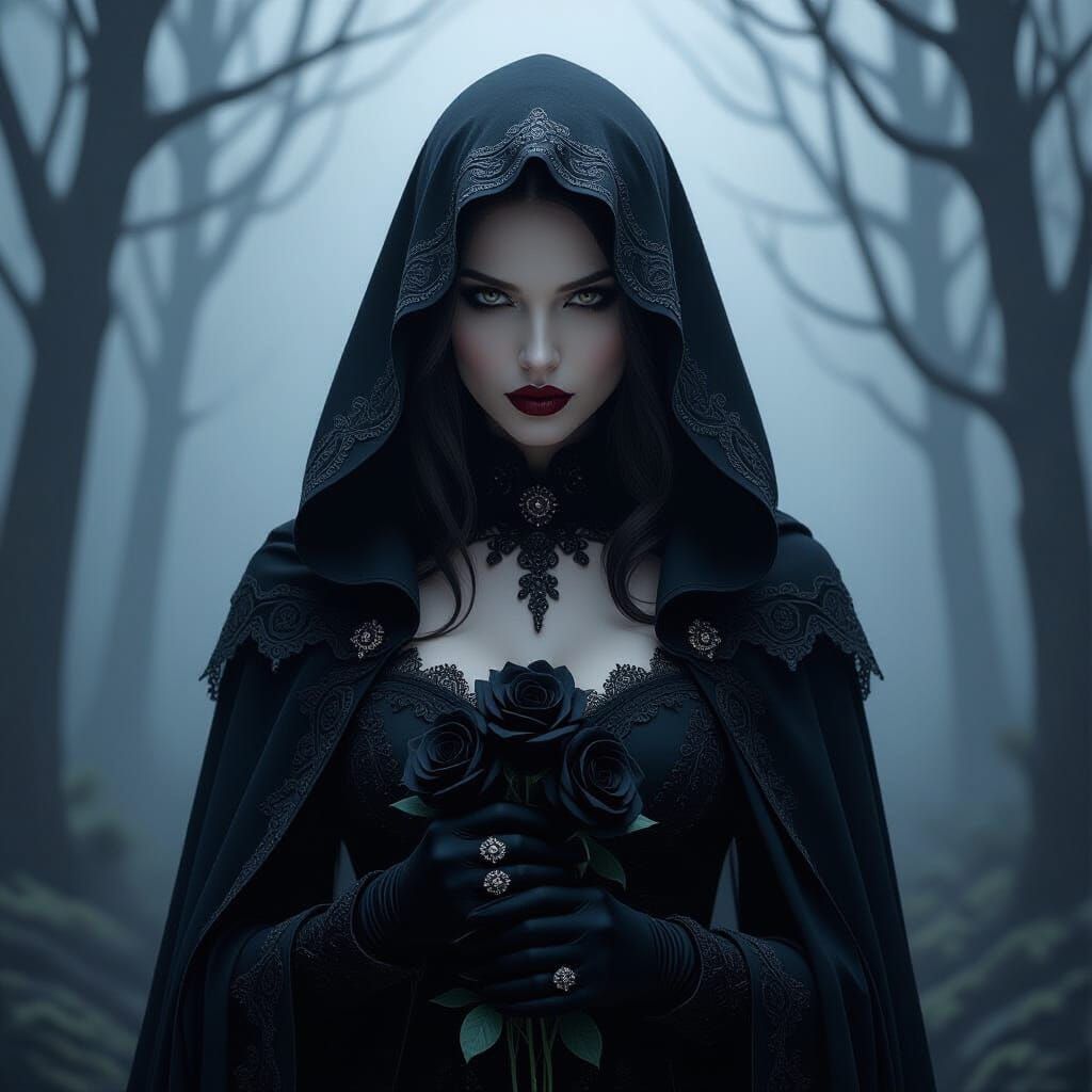 A moody gothic portrait in black and dark gray tones. A figu...