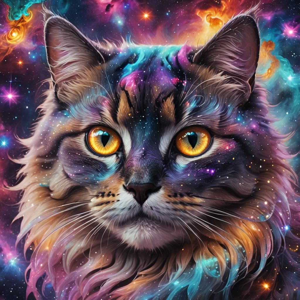 Cosmic Galaxy Cat Amidst Nebulas and Stardust