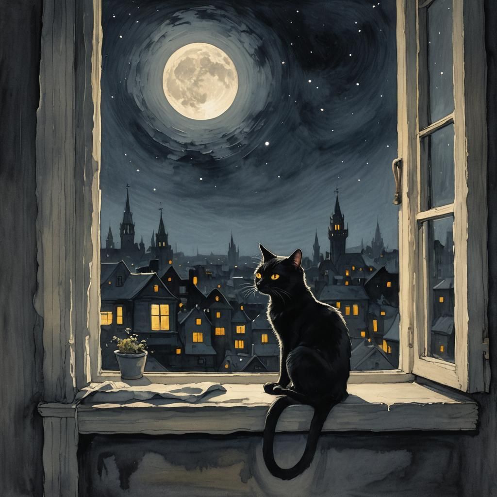 Black Cat Silhouetted on Moonlit Windowsill