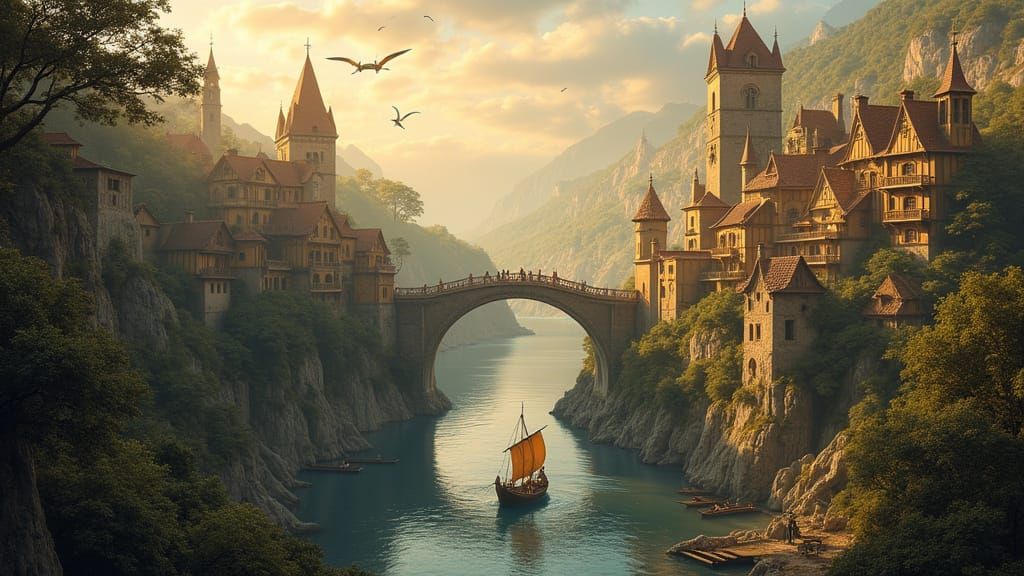 Medieval Fantasy Porto at Sunset in Whimsical Style