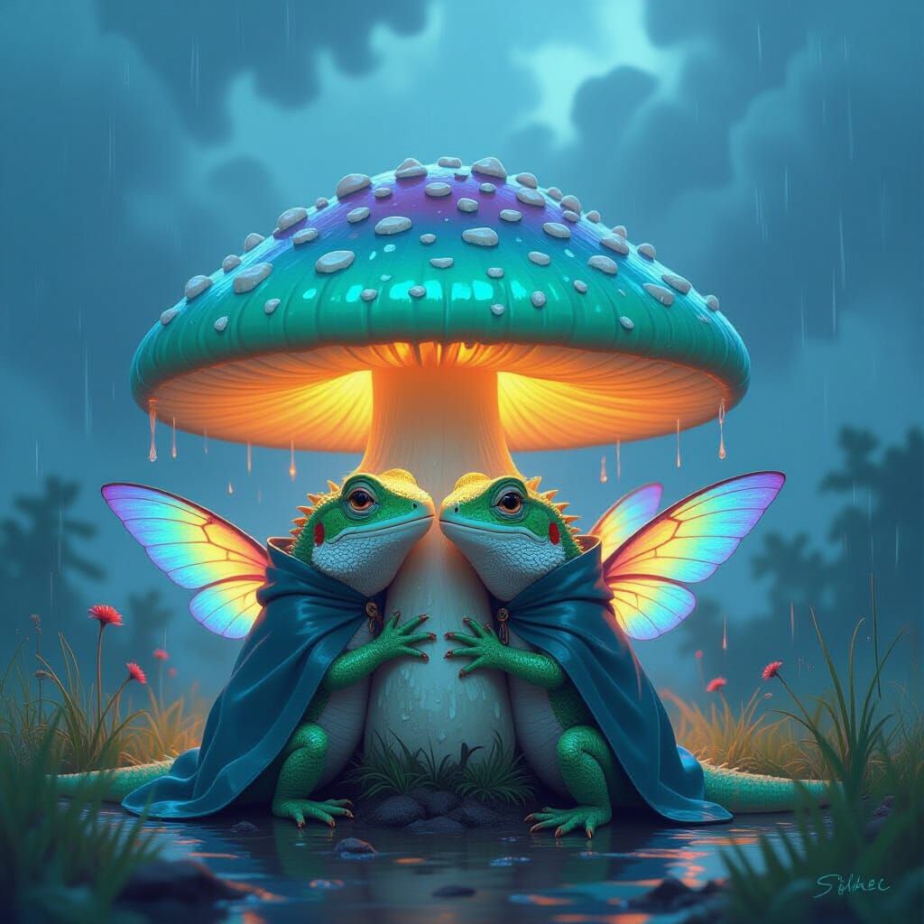 Winged Lizards Awaiting Storm Under Mushroom