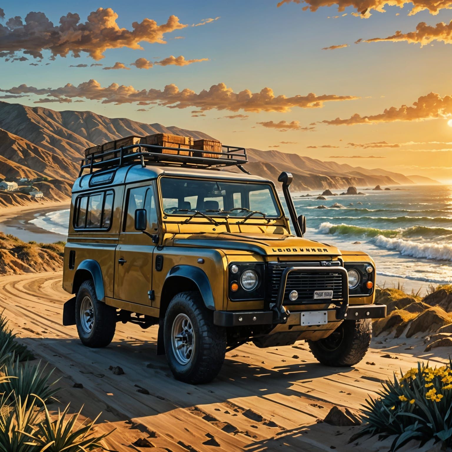 Woodie Land Rover Defender on California Coast at Golden Hou...