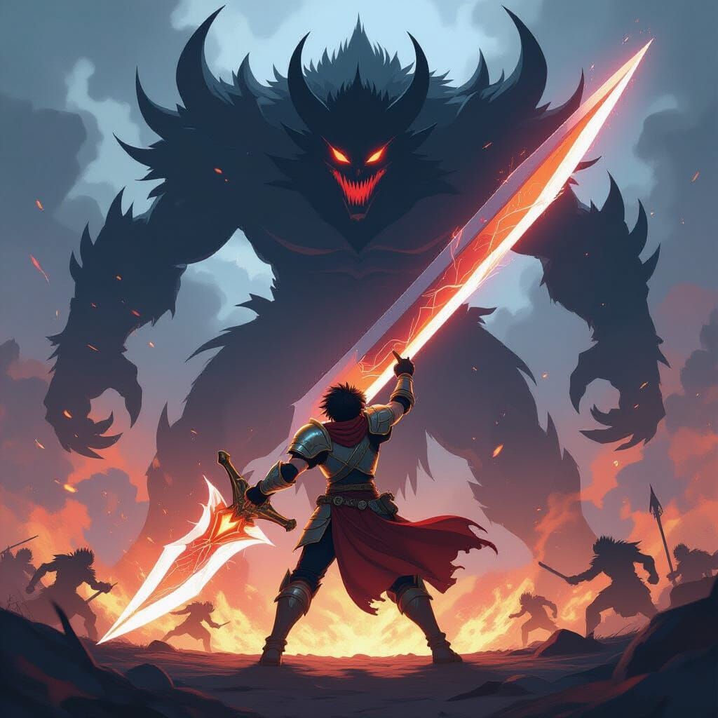 Hero Battles Colossal Demon in Shonen Anime Style