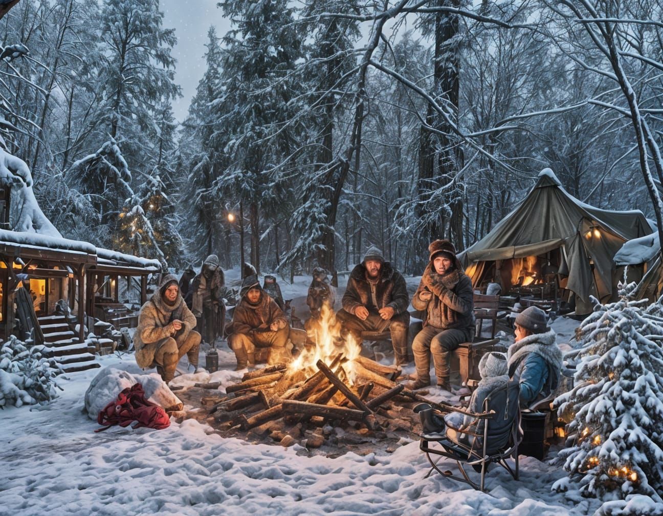 Frosty Family Winter Camping Scene in Realistic Detail