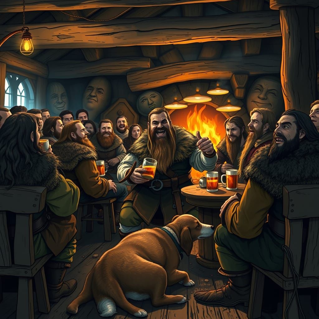 Dwarf Warriors Laugh and Drink in Cozy Tavern Scene