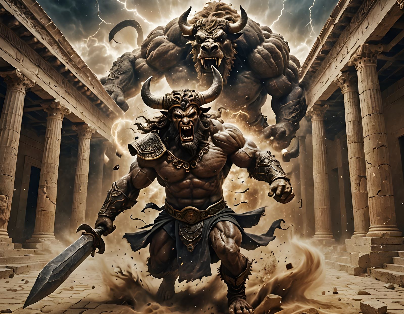 Minotaur Berserker Wizard Charges Through Ancient Greece