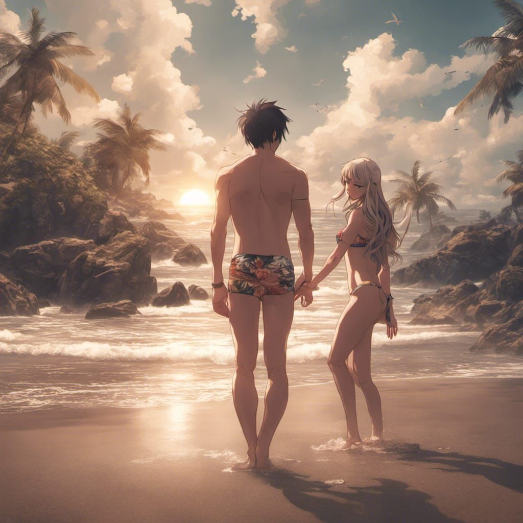 Anime Girl and Boyfriend on Beach in Bikini Style