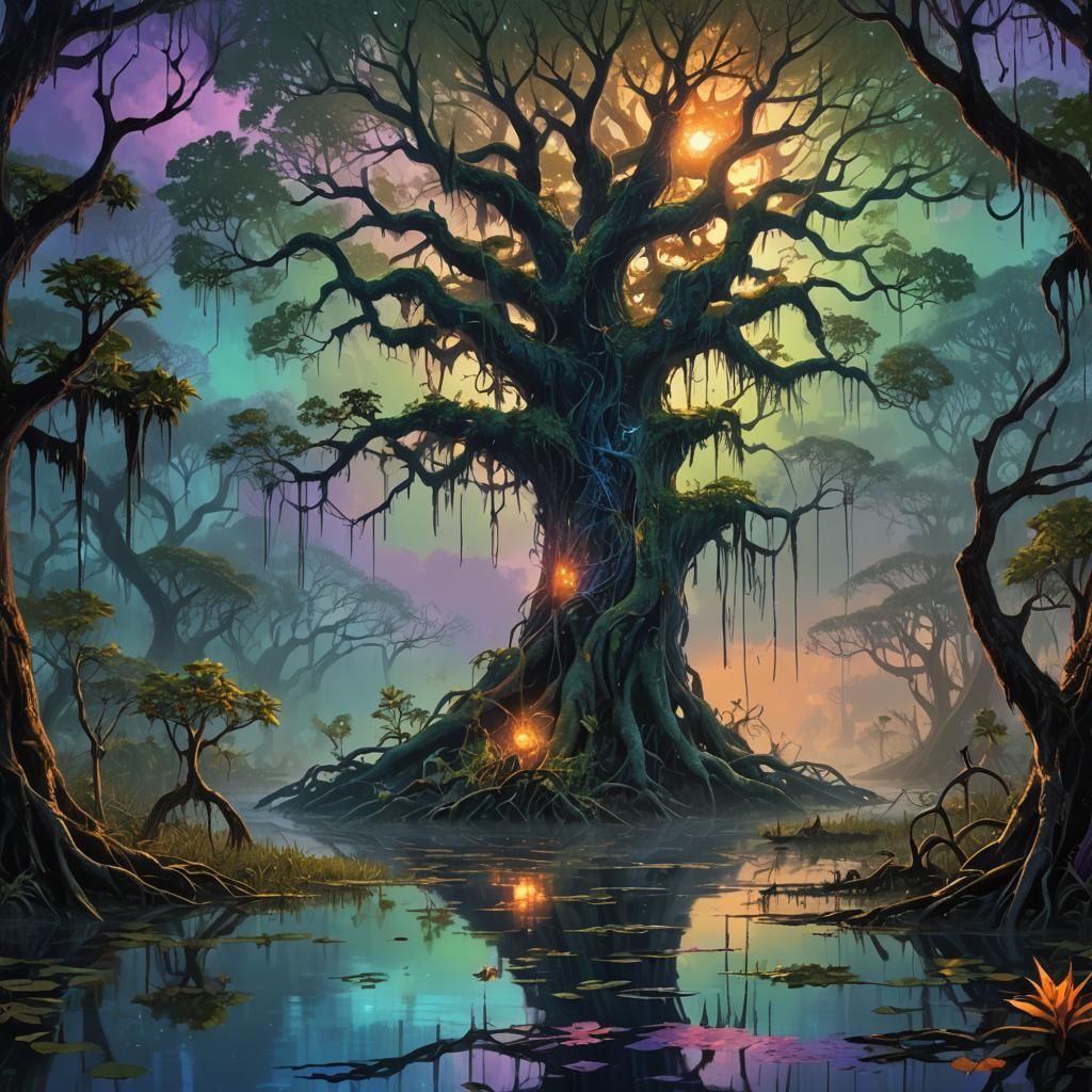 Mystical Tree in Bioluminescent Swamp: Fantasy Landscape