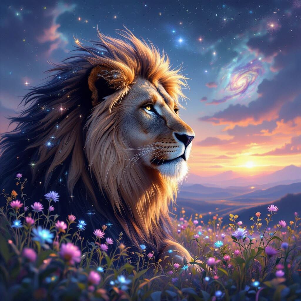 Lion with Stardust Mane over Bioluminescent Field