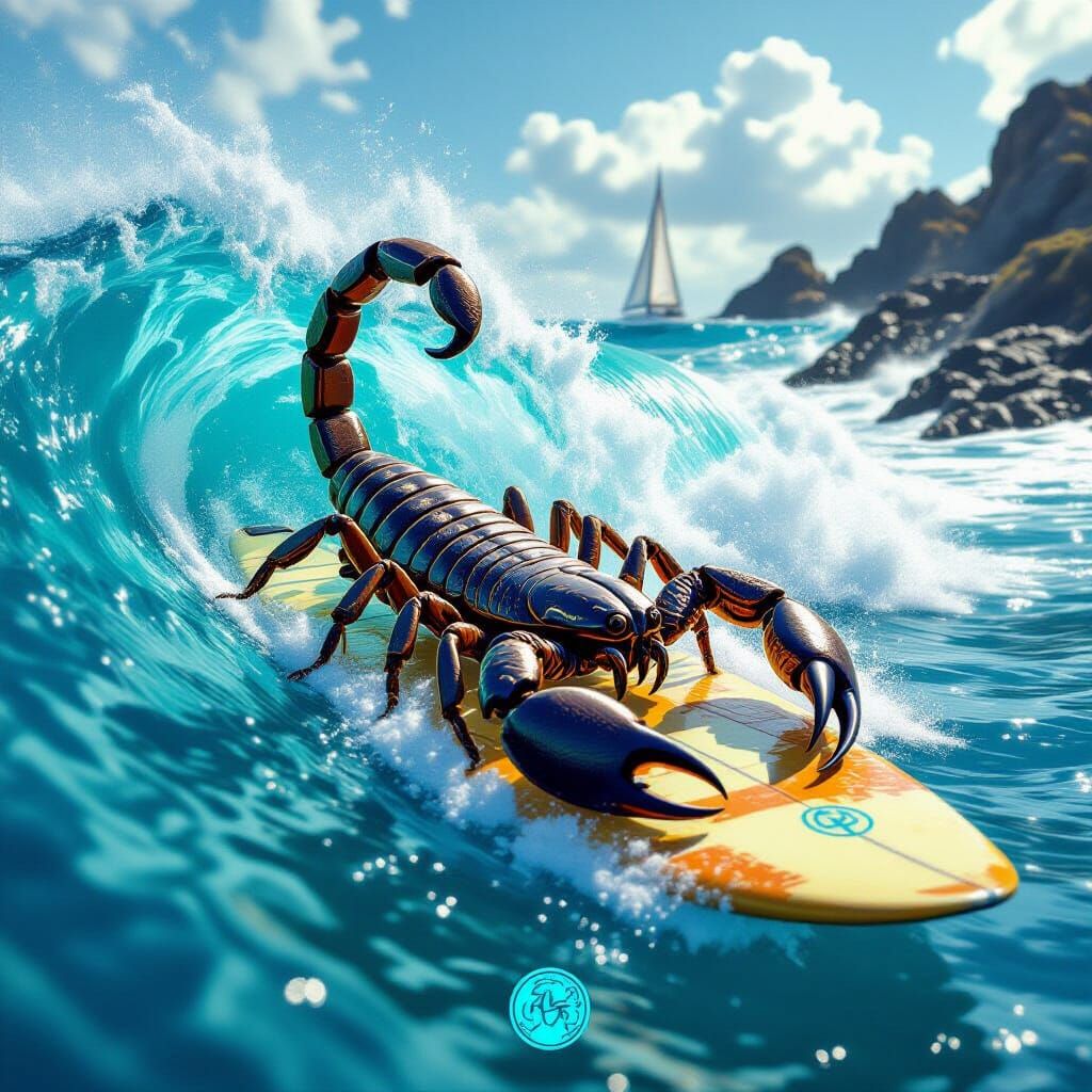 Scorpion Rides a Wave in Hyperrealistic Style