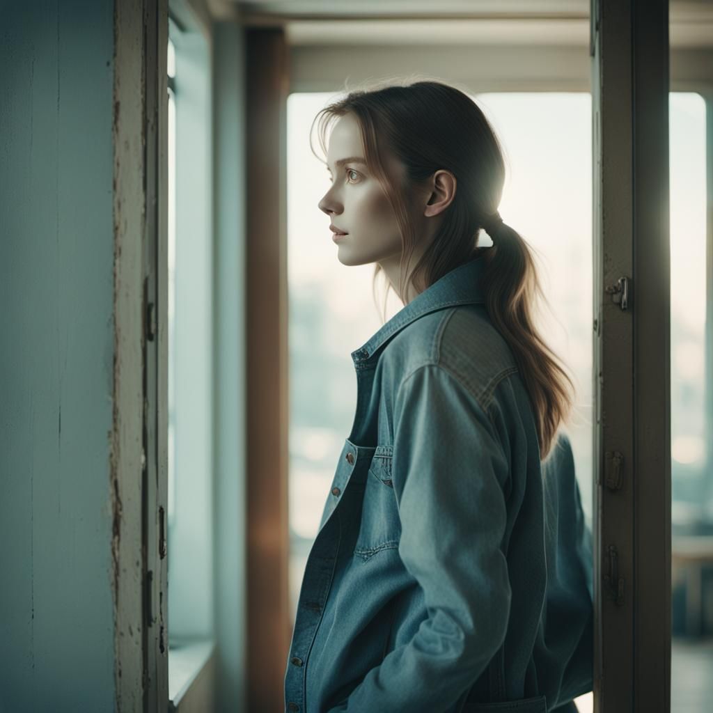 Woman in Doorway: Cinematic Still in Pastel Colors