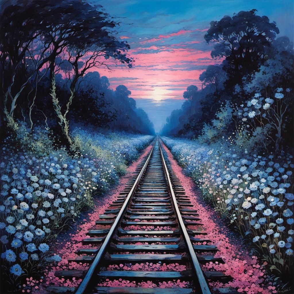 Blue Flowers Bloom on Overgrown Train Tracks