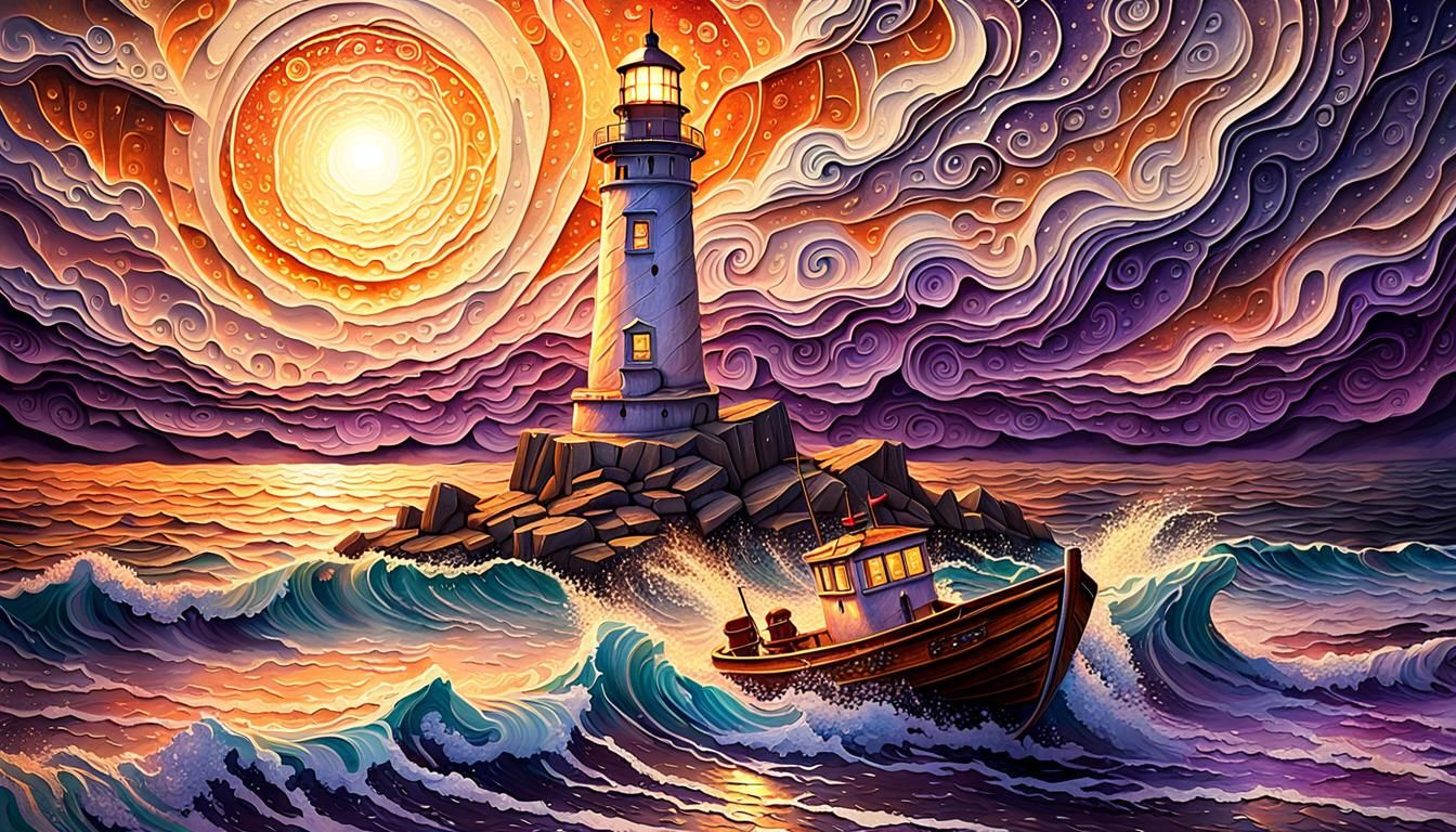 Embossed Lighthouse Art with Sunset and Boat