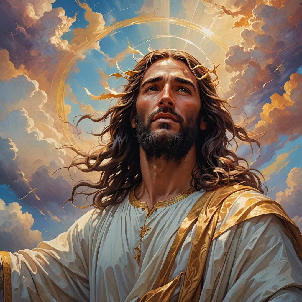 Jesus Ascends Above the Heavens in Vibrant, Triadic Oil Pain...