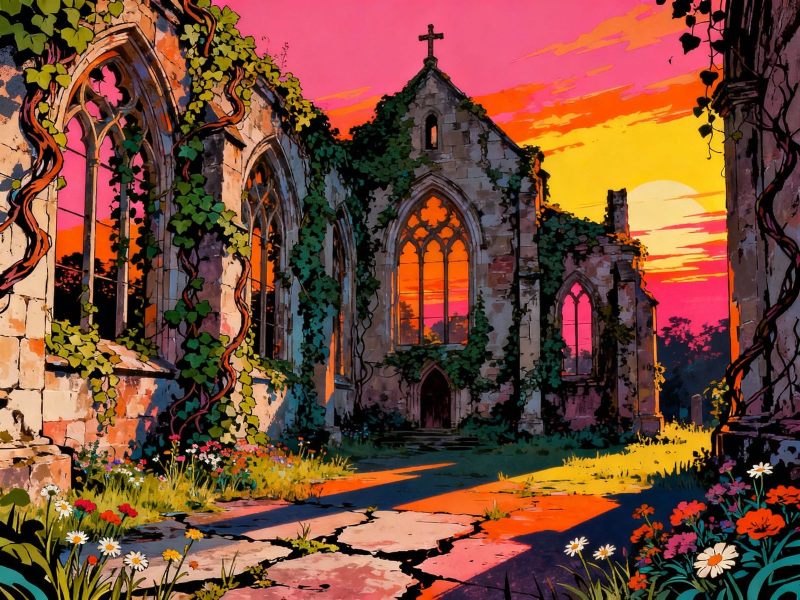 Mid-Century Pop Art Sunset Over Ruined Church