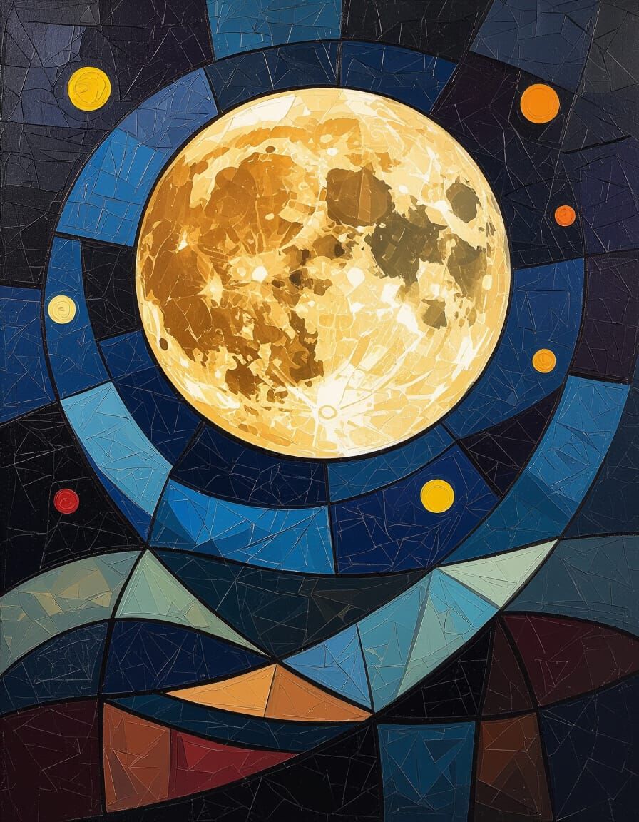 Cubist Impasto Moon's Journey Through Night Sky