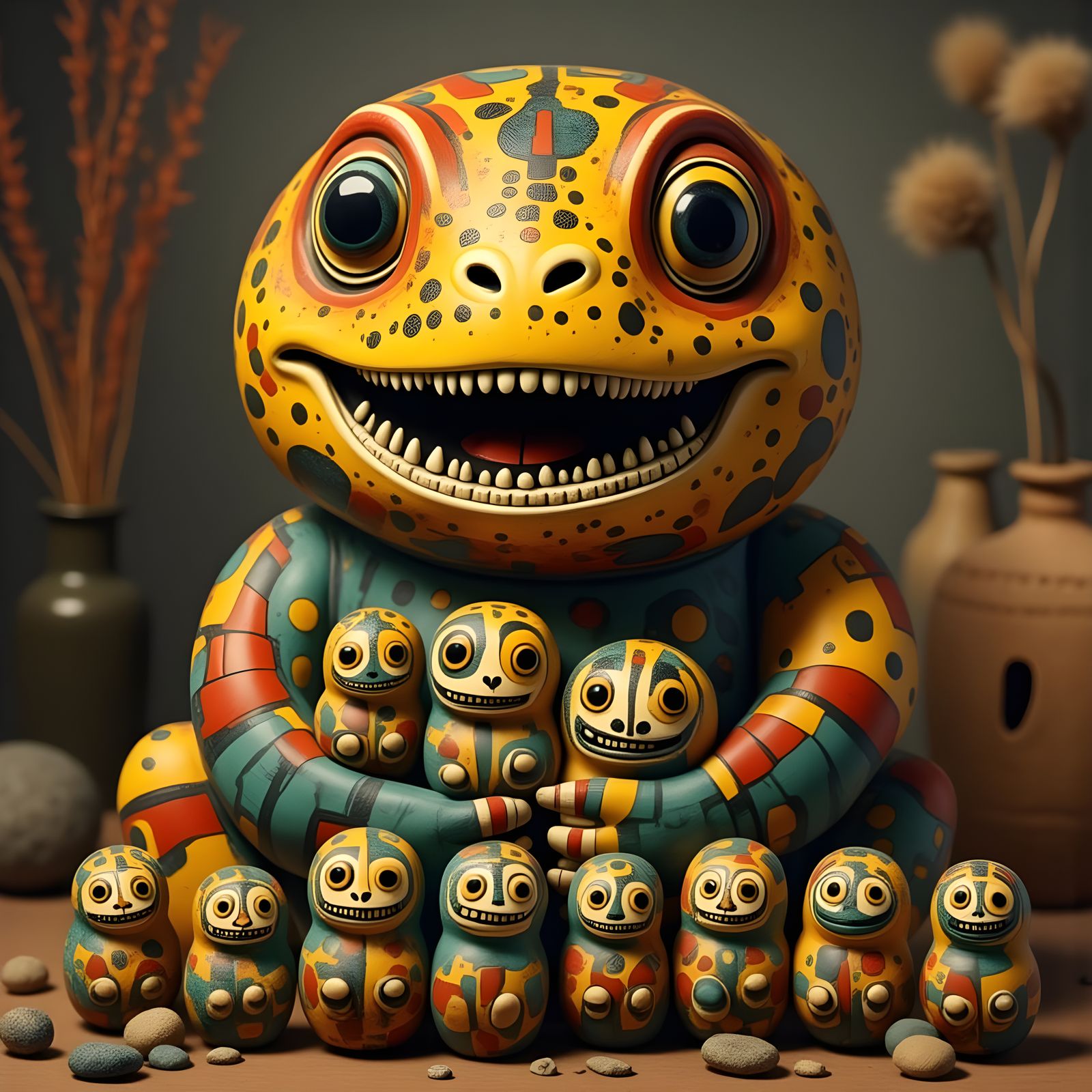 Whimsical Dinosaur Head in Matryoshka Doll Art