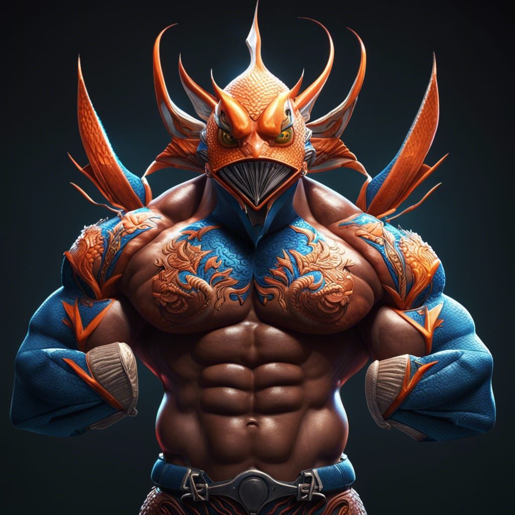 Bodybuilder with Magikarp Mask: Detailed Fantasy Art