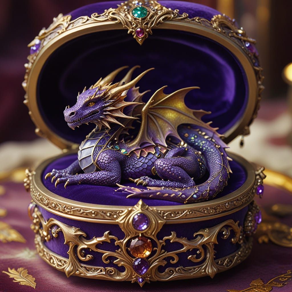 Miniature Purple Dragon Sleeps in Gemstone Jewelry Box